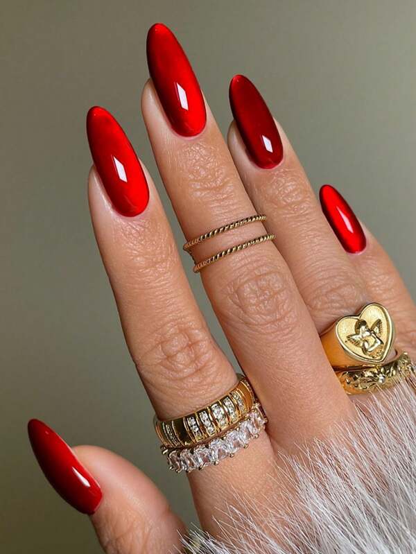 10pcs Pure Handmade Almond-Shape Cat Eye Cherry Red Elegant Simple Fashionable High-End False Nails Press On Nails