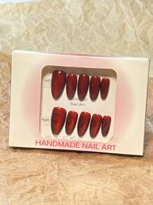 10 piezas de uñas postizas elegantes y de alta gama de forma almendrada tipo ojo de gato color rojo cereza hechas a mano de manera artesanal