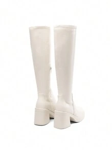 Women's Platform Chunky Heel Knee-High Boots Square Toe Side Zipper Fashionable Versatile Solid Color Y2K  Tall Boots  For Autumn/Winter - 米色 - 查看 8