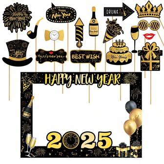 26pcs 2025 New Year Carnival Party Handheld Photo Prop Paper Frame Set, Party Handheld Photography Props