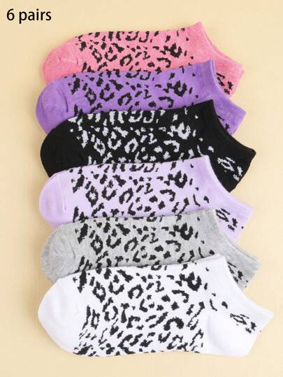 6 Pairs Women Leopard Print Low Vamp + Non-Slip Sweat-Absorbing No-Show Socks, Black White Gray Multicolor