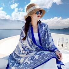 Top Scarf Shawl Large Beach Sunscreen Scarf 186*88cm - Xanh đậm - Xem 1