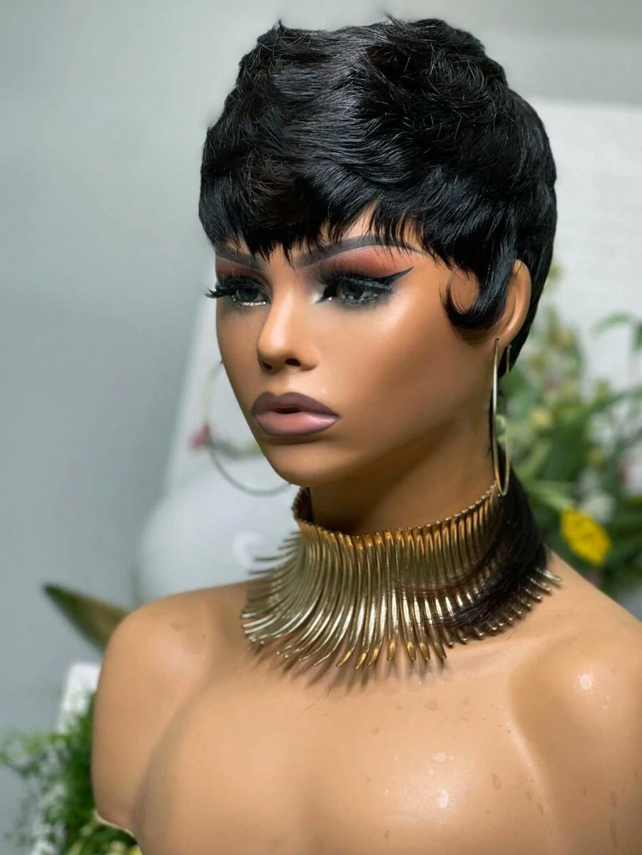 新款优雅女士马尾假发 10 英寸狼尾精灵短发女士假发 1b 颜色 爱情礼物、情人节、日常使用短层次精灵短发假发 无胶假发 全机织假发 - 黑色 - 查看 1