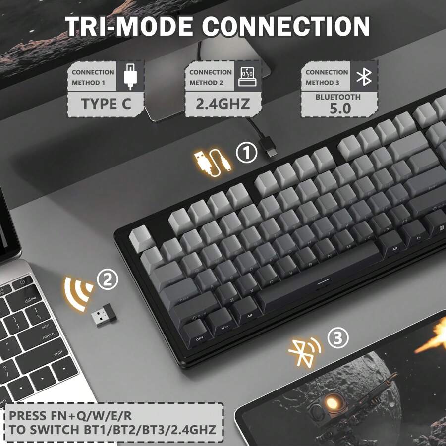 ATTACK SHARK M87 PRO Wireless Mechanical Gaming Keyboard,Hot Swappable Gasket RGB Custom Keyboard,Linear Switch&Side Printed PBT Keycaps,BT5.0/2.4Ghz/Type-C,5000mAh Battery For Win - đêm trăng sáng - Xem 1
