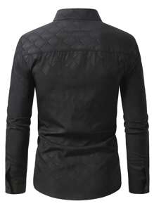 Camisa de manga larga con cuello de cuadros y botones de moda para hombres - Negro - Ver 2