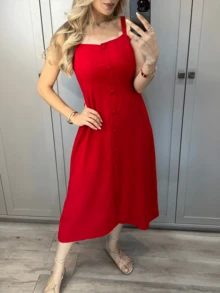 Elegant Women's Linen Midi Dress - 紅色 - 查看 4