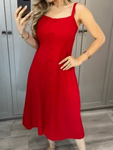 Elegant Women's Linen Midi Dress - 紅色 - 查看 3