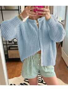 Women's Sweater Cardigan Loose Solid Color Crew Neck Long Sleeve Button Down Casual Tops For Winter FallY2K