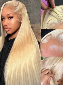 Eulisi Peluca de frente de encaje de cabello humano liso 613 de 13x4 con encaje transparente, peluca de 150 de densidad de color rubio para mujer, pre-arrancada con cabello de bebé, peluca frontal de encaje sin pegamento