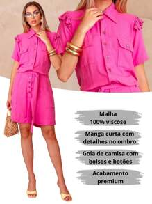 Women's Short Jumpsuit With Belt, Pockets And Buttons. Elegant, Loose For All Occasions. - 玫紅色 - 查看 5