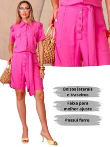 Women's Short Jumpsuit With Belt, Pockets And Buttons. Elegant, Loose For All Occasions. - 玫紅色 - 查看 6