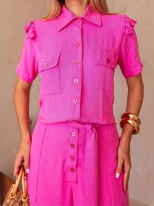 Women's Short Jumpsuit With Belt, Pockets And Buttons. Elegant, Loose For All Occasions. - 玫紅色 - 查看 7