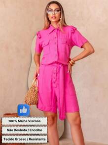 Women's Short Jumpsuit With Belt, Pockets And Buttons. Elegant, Loose For All Occasions. - 玫紅色 - 查看 8
