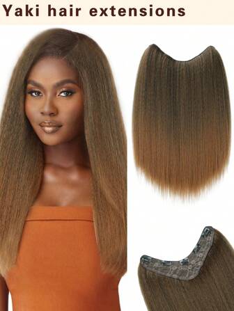 接发，卷曲直发夹式接发合成纤维接发女士接发 20 英寸 U 型一体式 Yaki 直发柔软自然夹式接发日常派对使用圣诞节，黑色和深棕色