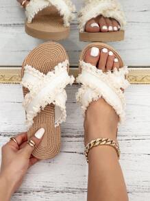 女士平底凉鞋，米色流苏系带拖鞋，一脚蹬休闲交叉露趾凉鞋，适合日常、海滩、旅行、波西米亚风格 - 米色 - 查看 5