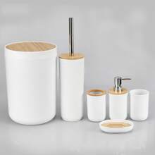AUXOM 6-Piece Bathroom Set Kit With Bamboo Details - Trash Can, Toothbrush Holder, Liquid Soap Holder, Soap Dish, Toothbrush Holder, And Cotton Holder - trắng - Xem 2
