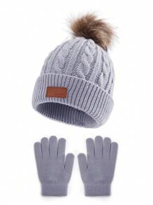 2 件儿童粗针织帽和手套套装、时尚单绒球无檐小便帽、跨境针织帽配人造皮革标签 - 3-6Y - 查看 9