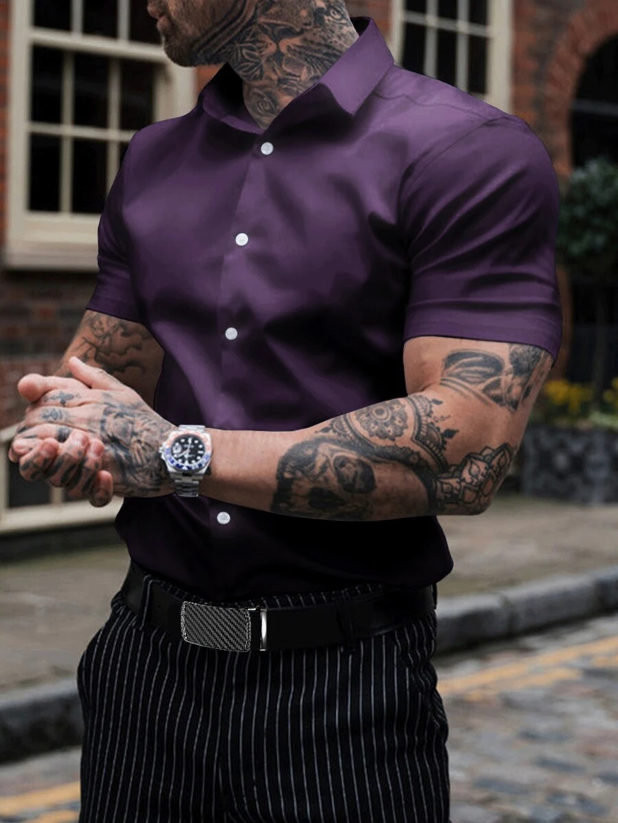 NITAGUT Chemise décontractée légère et respirante pour hommes, de couleur unie et soyeuse, à manches courtes, pour l'été - Prune - Voir 1