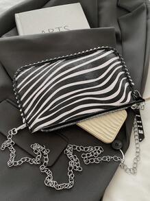 Zebra Print Shoulder Bag, Fashionable Ladies Charm Chic Beaded Crossbody Handbag - Black and White - View 12