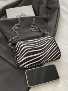 Zebra Print Shoulder Bag, Fashionable Ladies Charm Chic Beaded Crossbody Handbag - Black and White - View 10