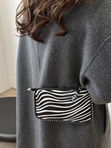Zebra Print Shoulder Bag, Fashionable Ladies Charm Chic Beaded Crossbody Handbag - Black and White - View 7