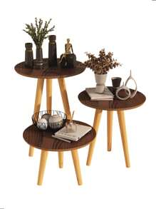 Inaugurates Furniture Side Table And Round Coffee Table Tripod With Toothpick Legs Retro Classic Kit With 3 Units - 鏽棕色 - 查看 7