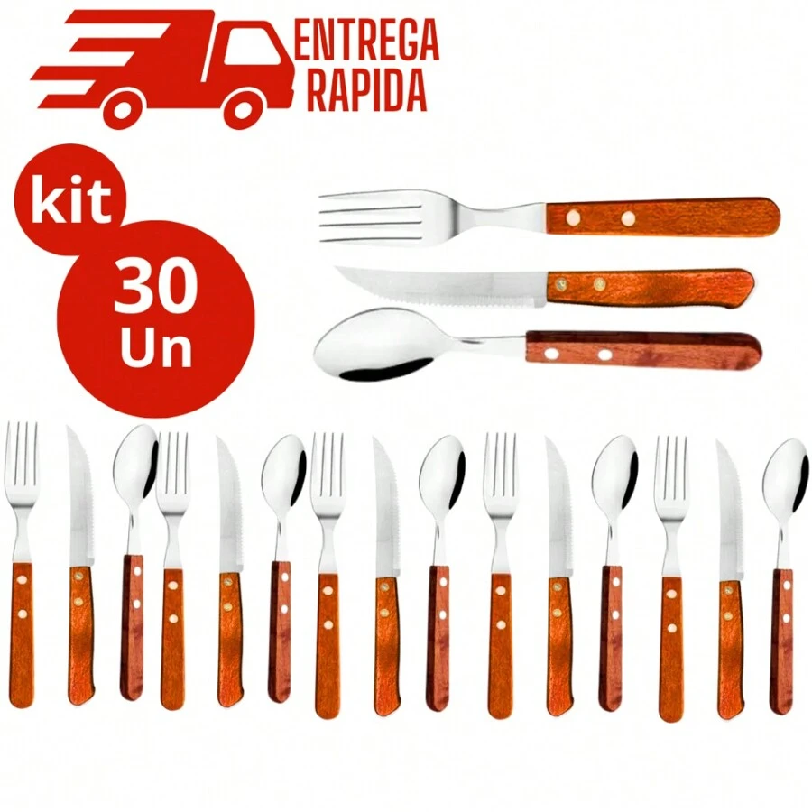 Set Of 30 Cutlery 10 Forks + 10 Knives + 10 Stainless Steel Spoons With Wooden Handle - 彩色 - 查看 1