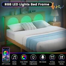 King Size Bed Frame With Natural Rattan Headboard And Storage Drawers, Bed Frame With LED Strips And Strong Woode Slats Support, No Box Spring Needed,Easy Assembly