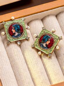 Vintage European Palace Portrait Geometric Square Rhinestone Earrings, Antique Medieval Western Style Eardrop