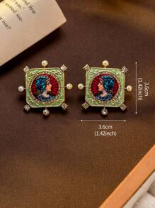 Vintage European Palace Portrait Geometric Square Rhinestone Earrings, Antique Medieval Western Style Eardrop