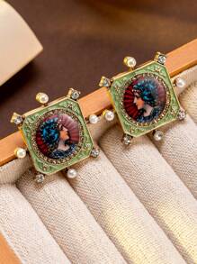 Vintage European Palace Portrait Geometric Square Rhinestone Earrings, Antique Medieval Western Style Eardrop