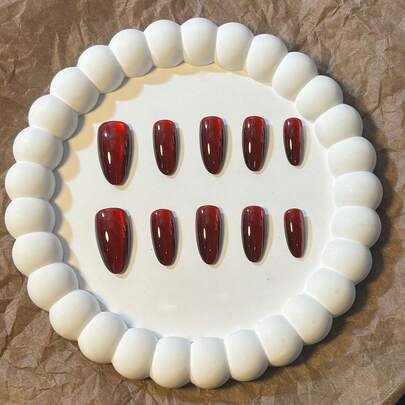 10片纯手工杏仁形猫眼樱桃红优雅简约时尚高端假指甲按压式美甲用品手工按压式美甲