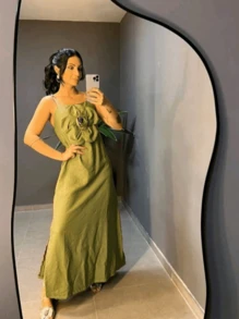 Women's Long Dress With Flower On The Front In Linen - màu xanh lá - Xem 2