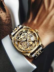 1 Đồng hồ đeo tay cơ tự động phong cách doanh nhân cổ điển dành cho nam bằng thép vàng - Vàng - Xem 6