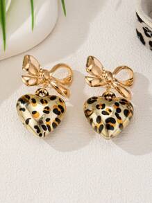 1 Pair Fashionable European And American Unique Exaggerated Leopard Bow & Heart Pendant Earrings,Valentine's Day Gifts Valentines,Mom,Mother,Mother's Day,Gift
