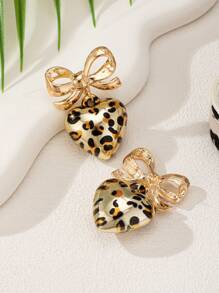 1 Pair Fashionable European And American Unique Exaggerated Leopard Bow & Heart Pendant Earrings,Valentine's Day Gifts Valentines,Mom,Mother,Mother's Day,Gift