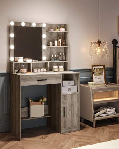 HEXCELEN Dressing Table With Mirror And 10 LED Lights, Makeup Vanity With 3 Shelves & 4 Open Compartments, Large Drawer & Cabinet, Adjustable Lighting Brightness, No Stool