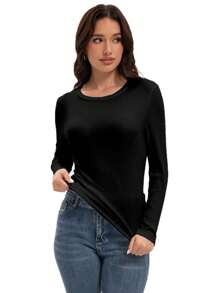 OUTBALL Women's Shirt Round Neck Fitted Top Casual Bottom Shirt Slim Basic T Shirt - 黑色 - 查看 2