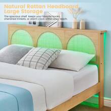 King Size Bed Frame With Natural Rattan Headboard And Storage Drawers, Bed Frame With LED Strips And Strong Woode Slats Support, No Box Spring Needed,Easy Assembly