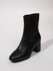 Kendall Jenner Inspired Square Toe High Shaft Tall Boots, Leather-Look, Thick Heel, Slim Fit, Warm Lining, Women Autumn/Winter Riding Boots - Black - View 6