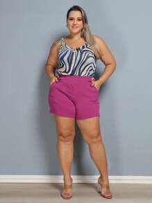 Women's Plus Size Printed Set With Crepe Lycra Shorts Summer - Roxo - 查看 4