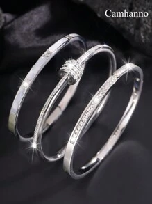 Camhanno 3 Pieces Of Exquisite And Fashionable, Light Luxury High-End Stainless Steel Bracelet Combination, Classic Matching, Never Out Of Style, Suitable For Daily/Gift/Party/Banquet