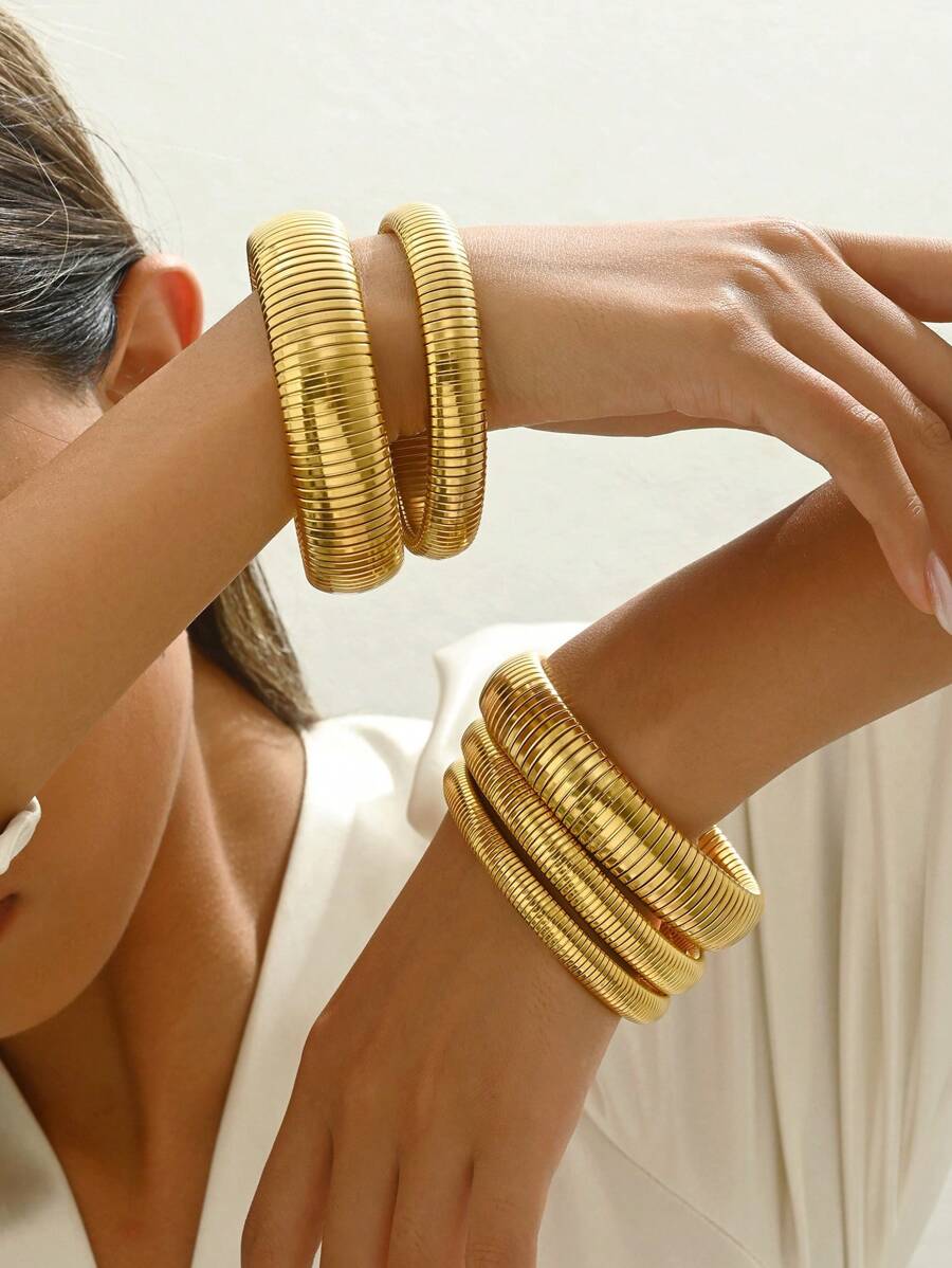 1-5pcs Fashion Punk Snake Skeleton Style Elastic Bangle Bracelets, Stainless Steel Unisex Wrist Cuff Accessories - Bracelet 10mm Wide - View 1