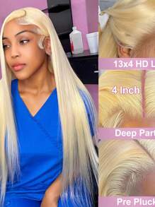 Eulisi Peluca de frente de encaje de cabello humano liso 613 de 13x4 con encaje transparente, peluca de 150 de densidad de color rubio para mujer, pre-arrancada con cabello de bebé, peluca frontal de encaje sin pegamento