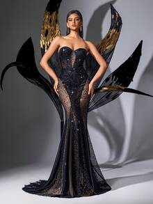 时尚性感优雅黑色紧身露背网眼亮片女士礼服，适合正式宴会、万圣节 - 黑色 - 查看 8