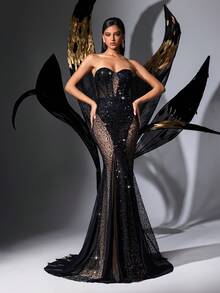 时尚性感优雅黑色紧身露背网眼亮片女士礼服，适合正式宴会、万圣节 - 黑色 - 查看 6