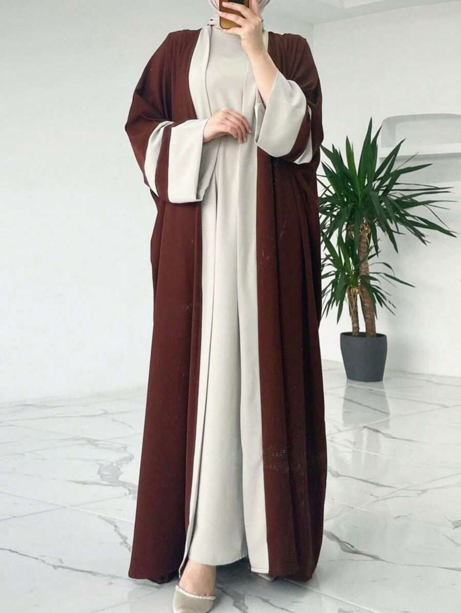 1pc Color Block Open Cardigan Set With Inner Base Layer, Fashion Muslim Woman Open Abaya Suit, Suitable For Women's Daily Wear - Multicolor - View 1