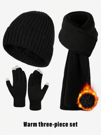 3-delige wintermuts, sjaal en handschoenenset, zachte warme gebreide muts, touchscreen-handschoenen, lange gebreide sjaalset, winterse kerstcadeaus voor vrouwen