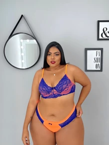 Plus Size Lingerie Set In Neon Colors With Underwire Quality Lace Bra And Panties - Blue - View 1