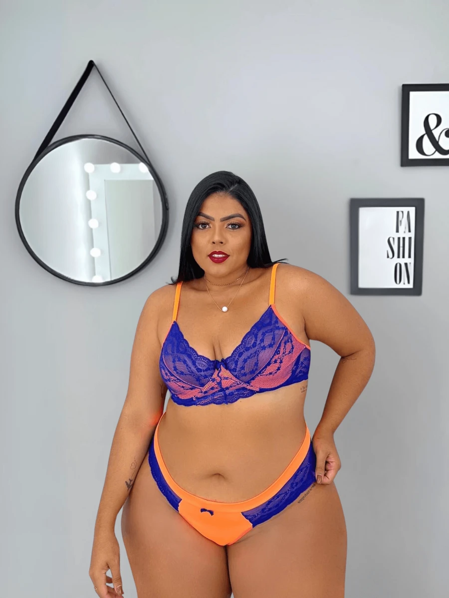Plus Size Lingerie Set In Neon Colors With Underwire Quality Lace Bra And Panties - Blue - View 1